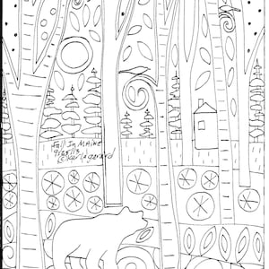 Pode incluir: Ilustração de arte de linha em preto e branco de uma cena de floresta com um urso, uma pequena casa e o texto "Fall in Maine 9/25/13 ©Karla Lagard".