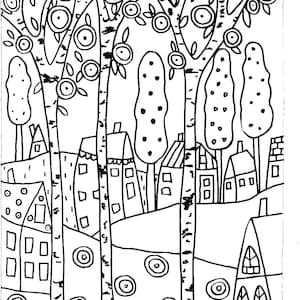 May include: Black and white line art illustration of a whimsical landscape with three birch trees, houses, and a church. The trees have large, round flowers and the houses have simple, geometric shapes. The text "3 Blooming Birches Landscape 3/17/10" is at the bottom of the image.