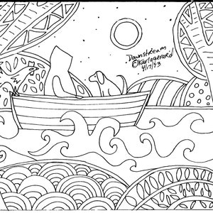 Puede incluir: Dibujo en blanco y negro de una línea de un barco con una persona y un perro en él. El barco está en una masa de agua con olas. Hay árboles a cada lado del barco. El texto "Downstream - Karla Gerard 4/17/13" está en la esquina superior derecha de la imagen.