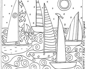 Matta Hooking Hobbypapper MÖNSTER '5 Segelbåtar Och En Fågel' Folkkonst Primitivt sol Marinlandskap Fågel Segelbåtar Båt Sjö Hav Karla Gerard