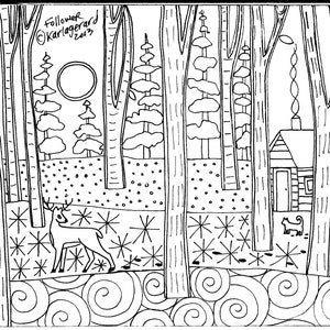 May include: Black and white illustration of a winter scene with a cabin, a deer, and a cat in the woods. The trees are tall and thin, and the ground is covered in snow. The moon is visible in the sky.