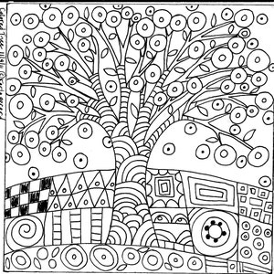 May include: Black and white line art illustration of a stylized tree with a thick trunk and many branches. The tree is decorated with circles and other abstract shapes. The tree is surrounded by a variety of geometric shapes, including squares, triangles, and circles.