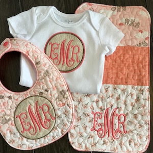 Custom Boutique Personalized Baby Gift Set/3piece Set/Handmade Bib,Burp,Bodysuit/Baby Coming Home Outfit/Monogam Set/One of a Kind/Customize
