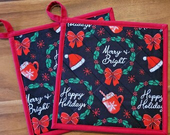 Handmade Quilted, Insulated Potholders - Merry & Bright, Happy Holidays | Black and Red
