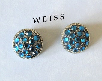 WEISS Blue Rhinestone EARRINGS Vintage 1951 Signed Mark Stones Reflect Stunning Blue Tones comfortable secure clips