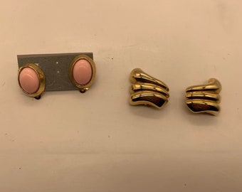 Choice Vintage Clip-On Earrings- Pink Signed Ellen Designs -Gold Signed Avon