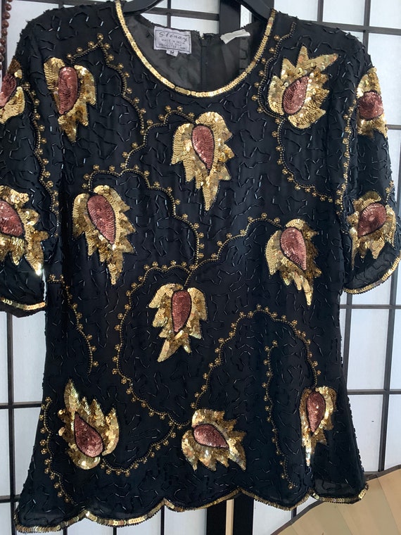 Vintage Sequin Leaf Pattern Silk BLouse Size Medi… - image 1
