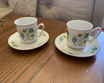 Vintage Set of 2 Porcelain Floral Mini Coffee Tea Cups & Saucers