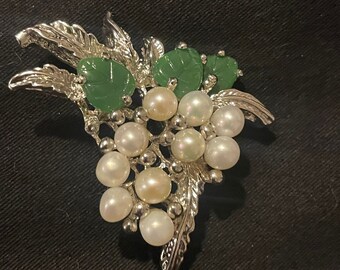 Vintage Cultured Pearl & Jade Grape Cluster Brooch