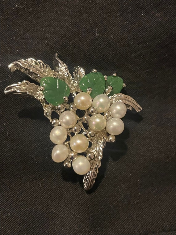 Vintage Cultured Pearl & Jade Grape Cluster Brooch