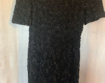 EUC Nightline Black Beaded 100% Silk Dress Size 4