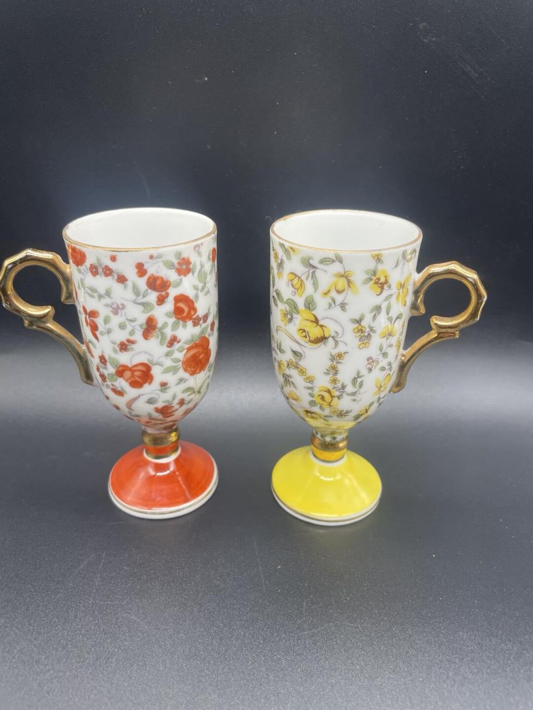 Vintage Inarco Set Yellow and Red Gold Trim Chintz Demitesse