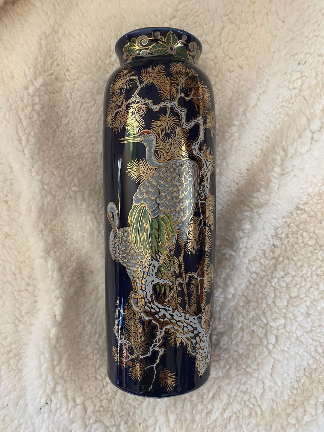 Vintage Artmark Cobalt Blue Vase With Cranes Made in Japan Etsy