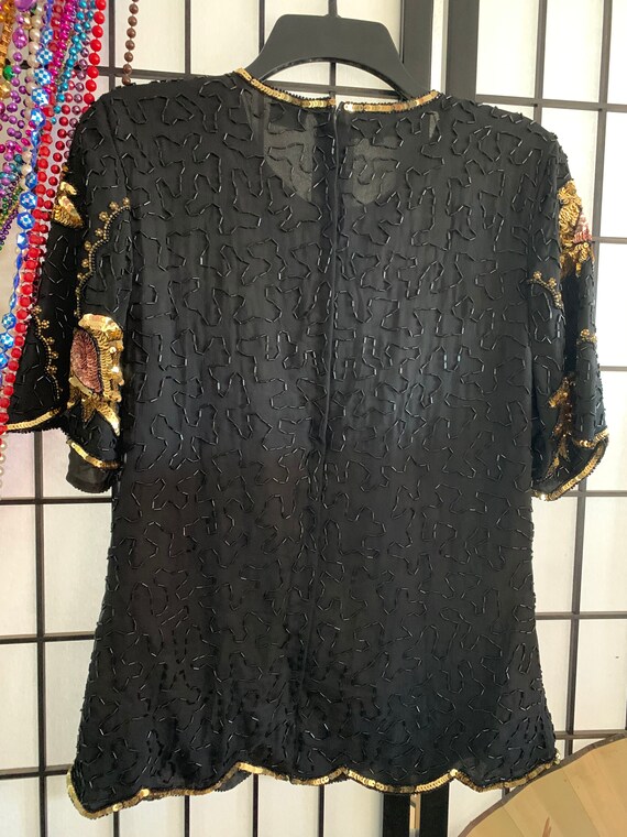 Vintage Sequin Leaf Pattern Silk BLouse Size Medi… - image 3