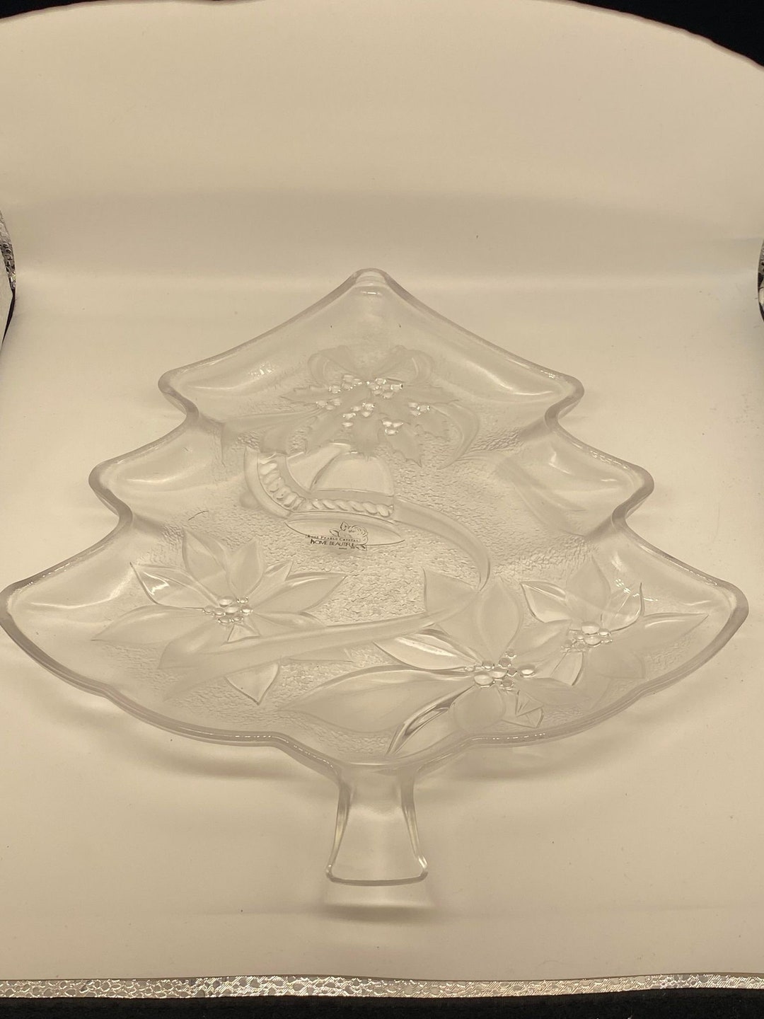 Vintage NIB Home Beautiful Crystal Christmas Tree Shape Serving Platter