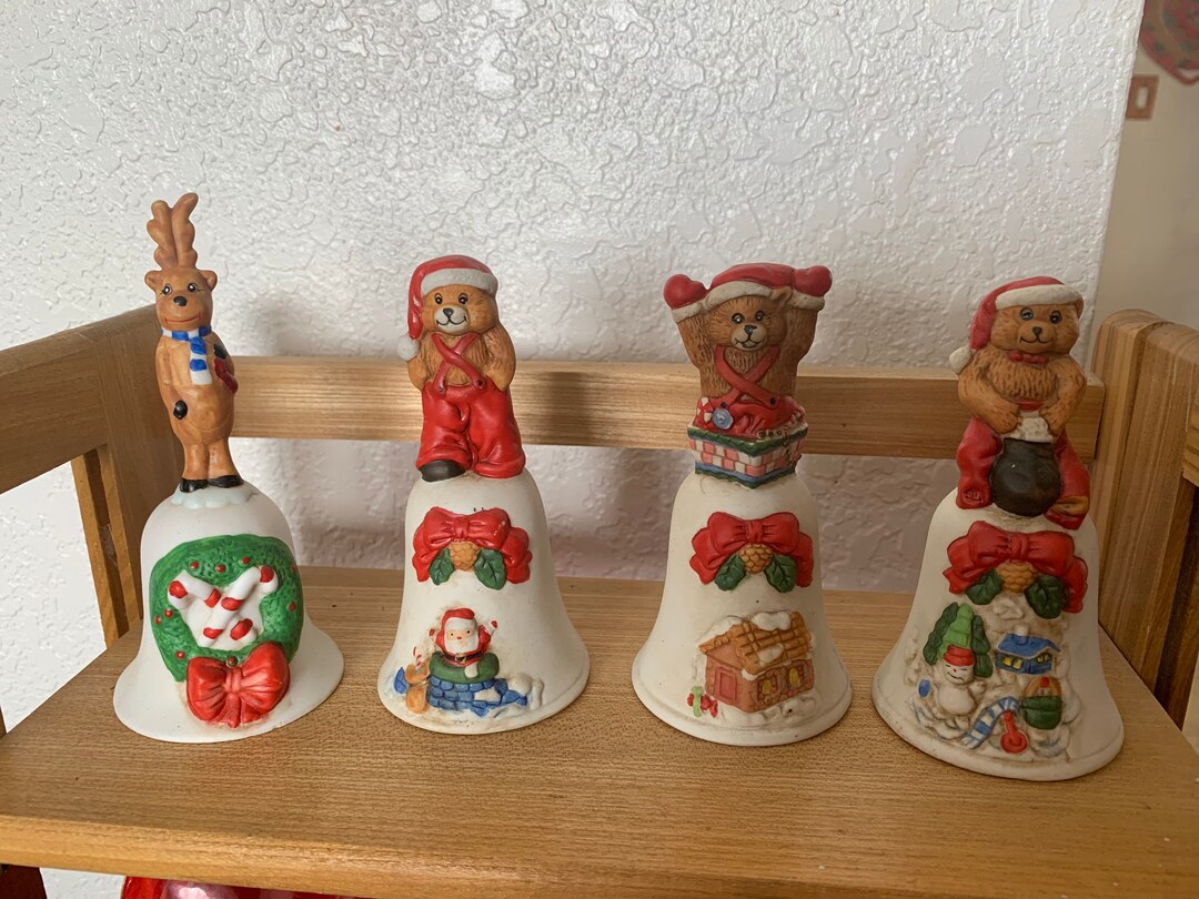 Vintage 4 Ceramic Christmas Bells Reindeer Bears Etsy
