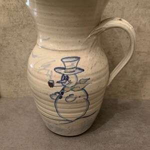 Vintage Salt Glaze Pottery Large Pitcher with Snowman Signed by Artist
