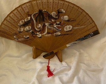 Vintage Wood Filigree Fan with Hand Painted Dragon Excellent Condition