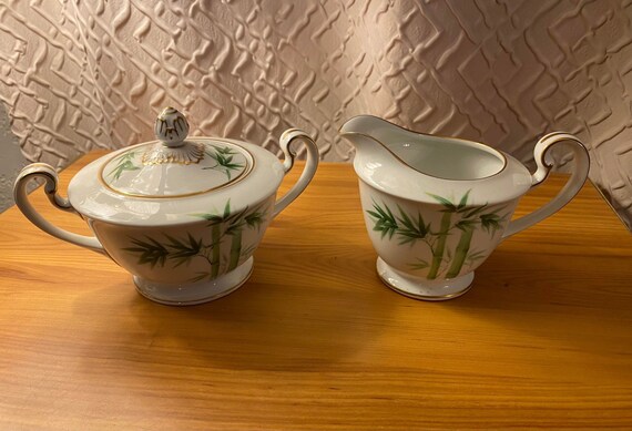 Vintage Noritake Green Bamboo Toki Kaisha #1538G Cream & Sugar Set
