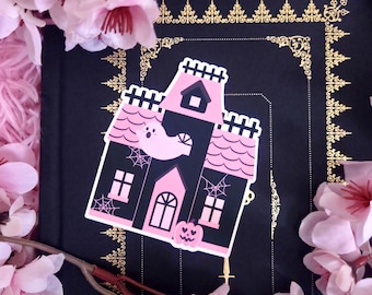 Kawaii Haunted House Sticker: Pink Halloween Sticker - Choose Your Material Type