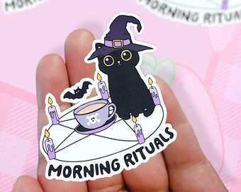 Morning Rituals Sticker | Cat Sticker | Pun | Pun Sticker | Witch Sticker | Cat Witch | Ritualistic | Coffee Sticker | Black Cat | Cute Cat