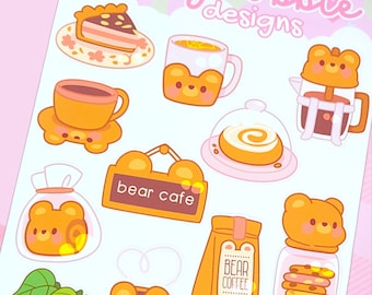 Bear Cafe Sticker Sheet | Kawaii Stickers | Bear Stickers | Cute Bear | Cafe Stickers | Coffee Stickers | Bakery Stickers | Planner Stickers