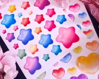Bubble Hearts/Stars Sticker Sheets: Rainbow Planner Stickers (27-34 Stickers) - Choose Your Material Type