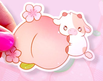 Peachy Moo | Kawaii Sticker | Cow Sticker | Cow Lover | Cows | Cute Cows | Cute Sticker | Peach | Peach Sticker | Sakura | Cherry Blossom