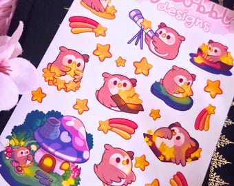 Stargazer Sticker Sheet: Kawaii Owl Stickers (24 Stickers) - Choose Your Material Type