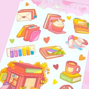Cozy Bookstore Sticker Sheet | Bear Stickers | Books | Book Stickers | Journal | Coffee Sticker | Cozy Vibes | Cozy Aesthetic
