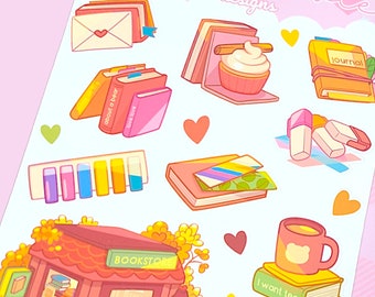 Cozy Bookstore Sticker Sheet | Bear Stickers | Books | Book Stickers | Journal | Coffee Sticker | Cozy Vibes | Cozy Aesthetic