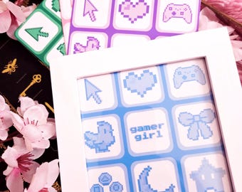 Gaming Grid Art Print: Kawaii Gamer Girl Print in 4 Colors  (4x4)