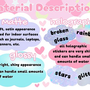 May include: A pink and white graphic with the text "Material Descriptions." It details matte, glossy, and holographic sticker types, including "broken glass," "rainbow," "stars," and "glitter" options. The image is decorated with hearts and stars.