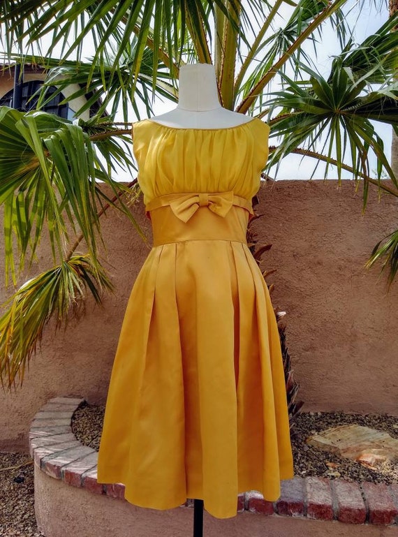 1950s golden yellow sateen and chiffon dress