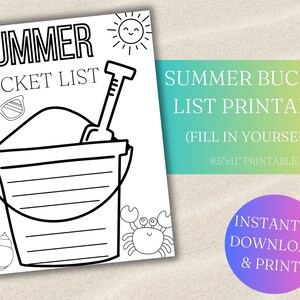 Summer Bucket List Instant Download | Printable Summer List | Summer Coloring | Bucket List Template | Summer Break Bucket List