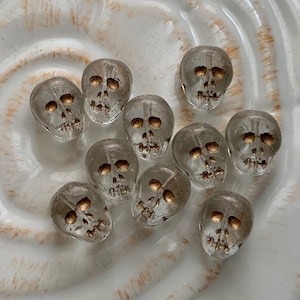 Czech Glass Clear Skull Beads - Halloween Beads - Skeleton Beads - Dia de los Muertos Beads - Bones, Creepy, Gothic - 12mm - Qty 10 or 20