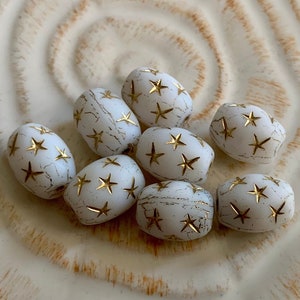 Czech Glass White Oval Beads with Stars - Matte White Beads with Gold Star Details - Celestial Christmas Beads - 13mm x 10mm -  Qty 8 or 16