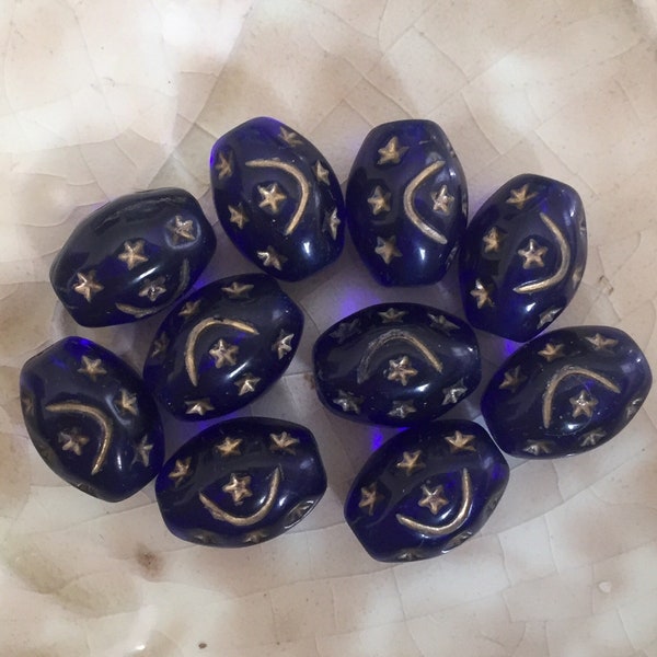 Moon and Star Glass Beads - Cobalt Blue with Gold Details -  Czech Glass Oval Bead - Celestial, Bohemian - 12mm x 9mm -  Qty 10