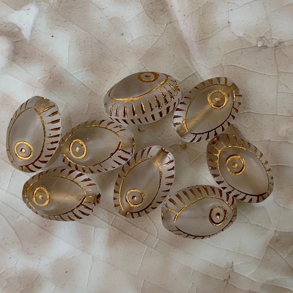 Czech Glass Eye Beads - Clear Matte with Gold Details - Egyptian Revival, Mediterranean, Talisman, Evil Eyes - 13mm Oval -  Qty 8 or 16