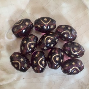 Moon and Star Glass Beads - Purple with Gold Details -  Czech Glass Oval Bead - Celestial, Bohemian - 12mm x 9mm -  Qty 10