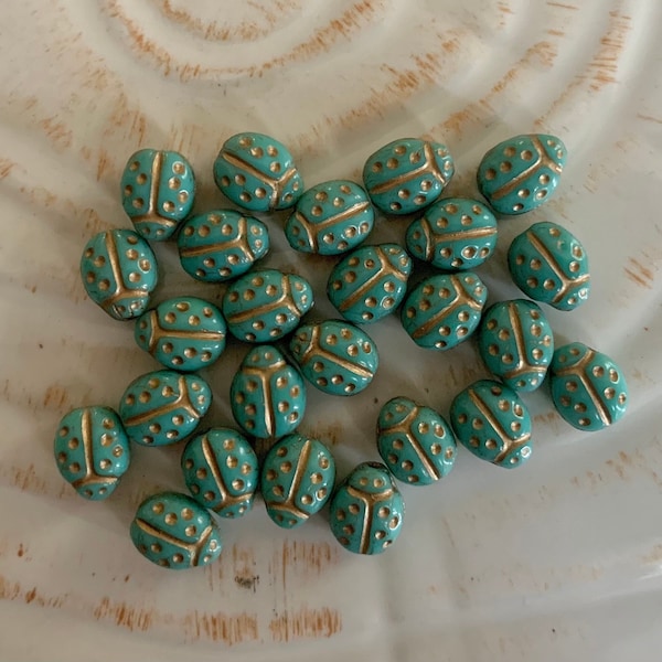 Small Ladybug Beads - Turquoise and Gold Beads - Czech Glass Bug Beads - Ladybirds, Beetles, Insects, Bugs -  9x7 mm - Qty 25 or 50