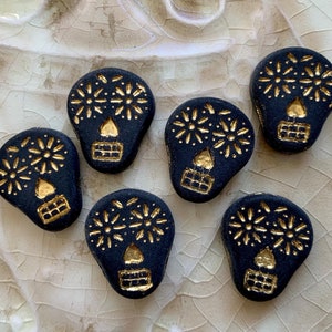 Matte Black Sugar Skull Beads - Czech Glass Halloween Beads - Large Skeletons - Dia de los Muertos - 20 mm - Qty 6