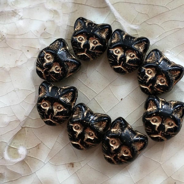 Czech Glass Black Cat Beads - Halloween Beads - Cat Head, Face Beads - Gold Details - 11mm - Qty 10