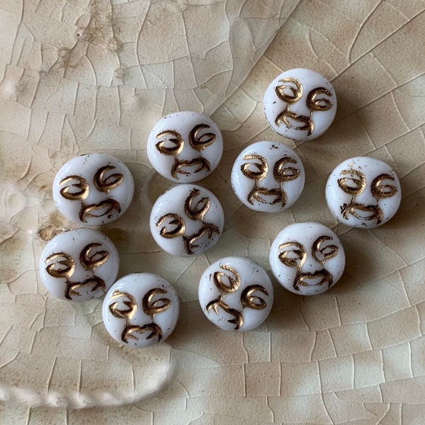 Czech Glass Moon Face Beads - White with Gold Details - Man in the Moon Beads - Lunar Beads -  9mm - Qty 10 or 25