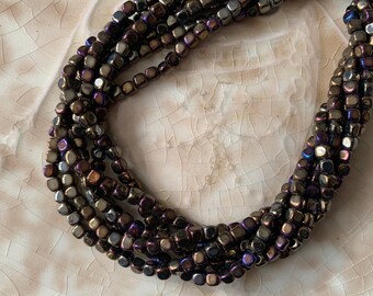 Small Glass Cube Beads - 4mm Bronze Iris Square Beads - Czech Glass Tiny Spacers - Subtle Sparkle - Qty 100