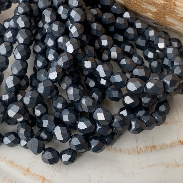 6mm Matte Slate Gray Fire Polished Beads - Round Czech Glass Faceted Beads - Subtle Sparkle - Firepolished Cut Facets - Set of 25 or 50