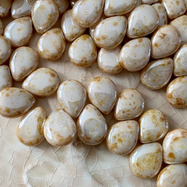 Czech Glass Flat Teardrop Beads - Off White Beads with Tan Picasso - Drop Beads for Wire Wrapping - 12mm x 16mm - Qty 12