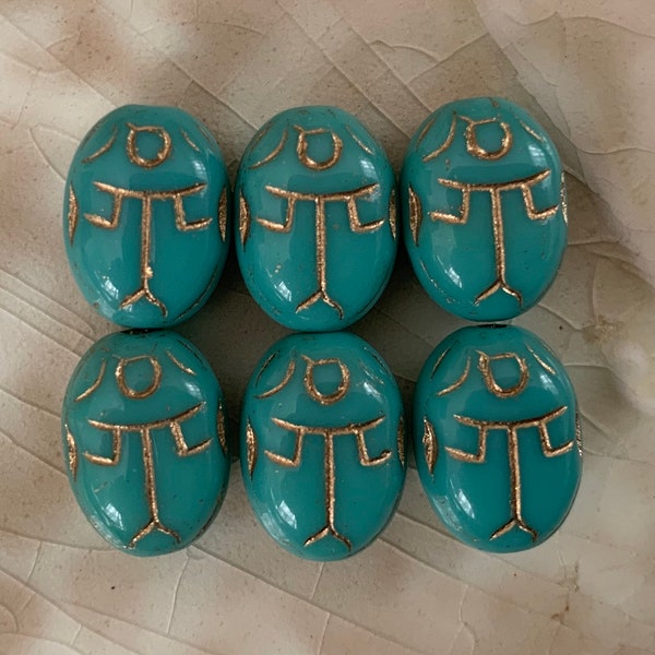 Czech Glass Scarab Beads - Turquoise Blue and Gold - Beetle, Bug, Insect Bead - Egyptian Revival - 14mm x 10mm - Qty 12