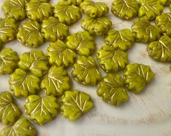 Czech Glass Maple Leaves - Chartreuse Green Leaf Beads - Lime Green Leaves - Mixed Glass - Foliage, Botanical, Trees - 11mm x 13mm - Qty 20