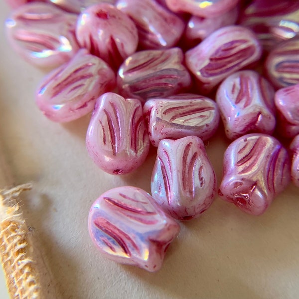 Pink Tulip Beads - Petite Czech Glass Flowers with AB Finish - Pink Flower Bud Beads - Spring Florals - Small Tulips 9x7mm - Qty 25 or 50